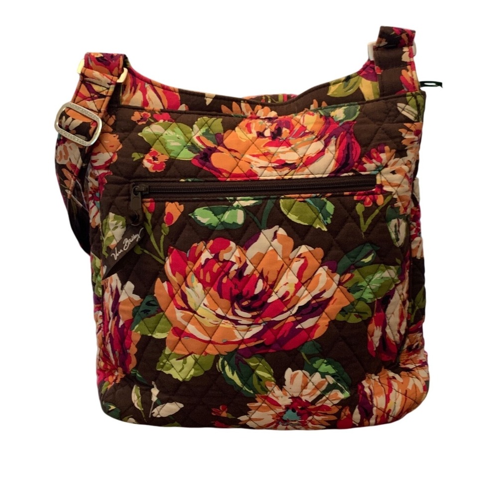 Vera Bradley Quilted Floral Crossbody Messenger Bag Brown Pink Green Pockets